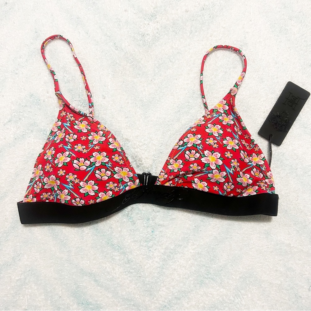 NEW Ed Hardy Logo Banded Red Floral Triangle Bikini Top Size Large (L)